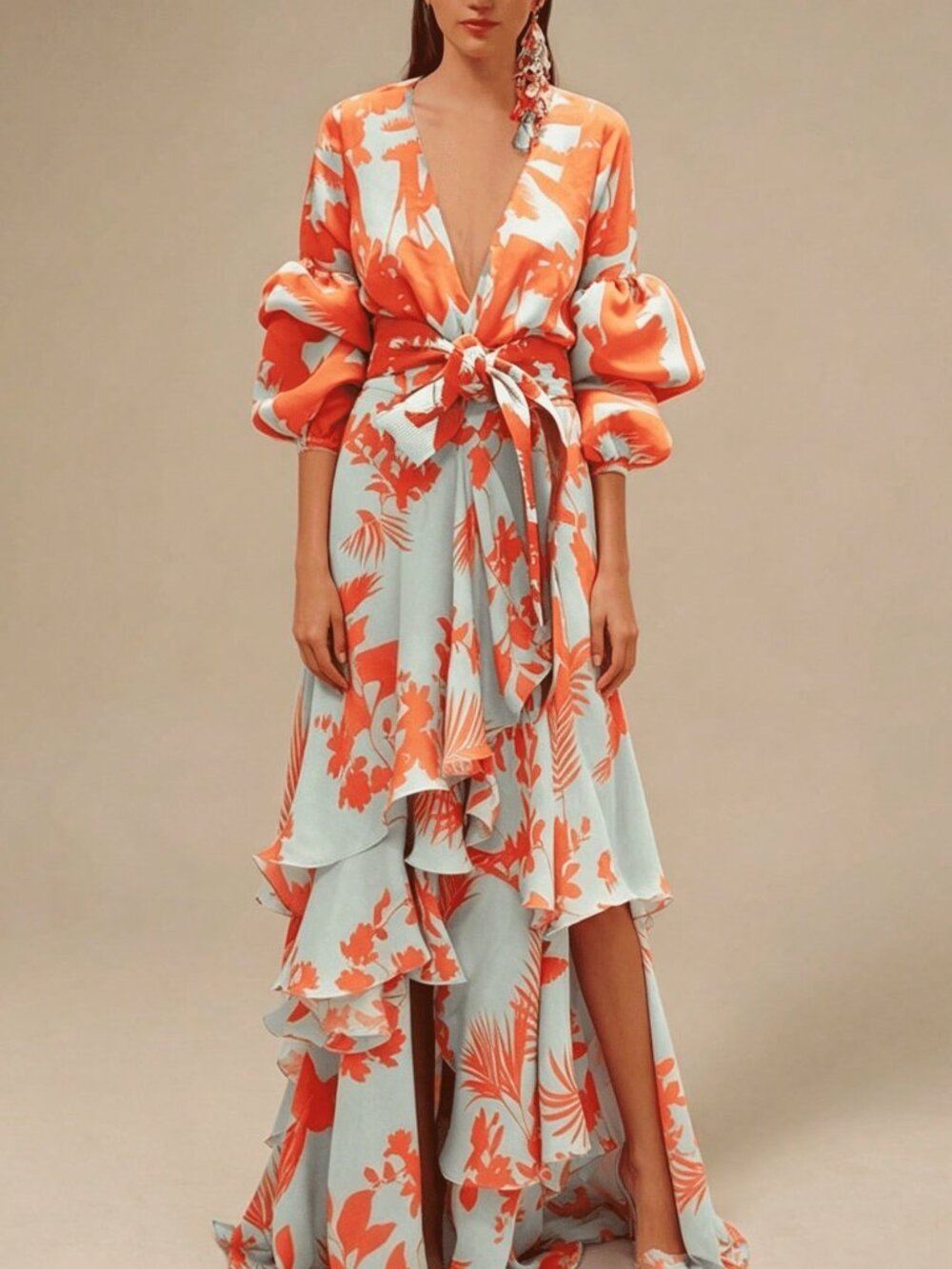 Red Elegant Women's A-Line V Neck & Kimono Sleeves Tropical Print Maxi Dress - Picture 1 of 4